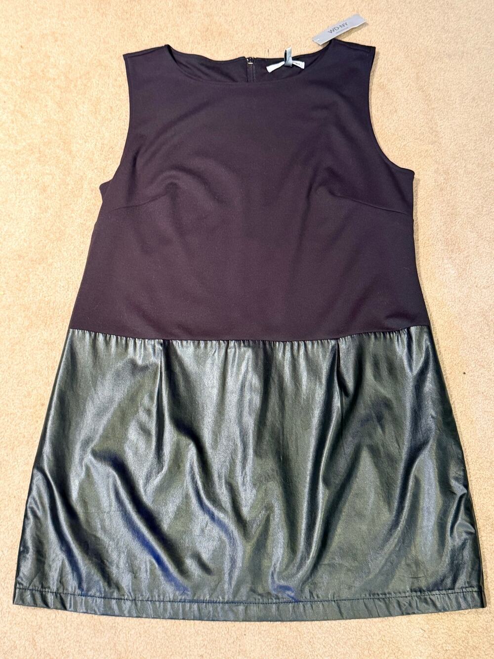 WD.NY Women's XL Black Shift Dress Faux Leather Trim Mixed Media Sleeveless New